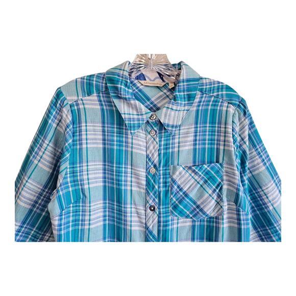 SOFT SURROUNDINGS Size S Aramie Shirt Plaid Front Peacock Back Button Up Blue 38 - Picture 3 of 10